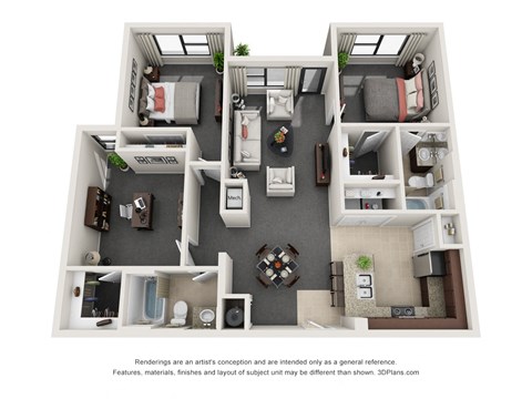 floor plan of two bed with den two bath unit